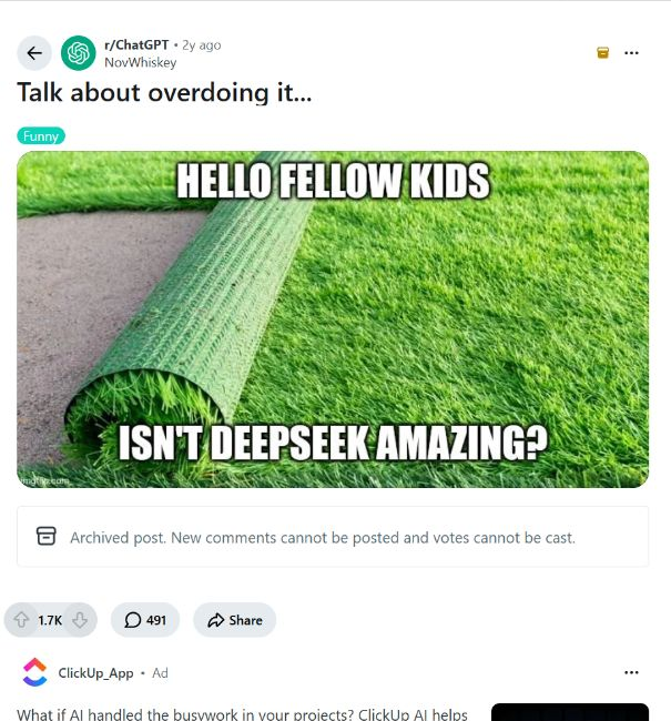 Reddit ChatGPT post alleging overpromotion or astroturfing of DeepSeek