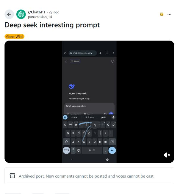 Reddit ChatGPT post showing a DeepSeek hosted chatbot censorship prompt