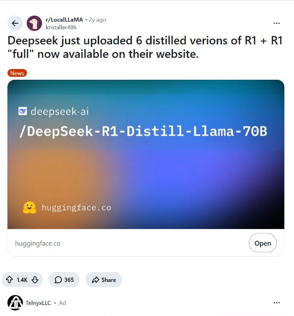 LocalLLaMA discussion of the DeepSeek R1 distilled model release