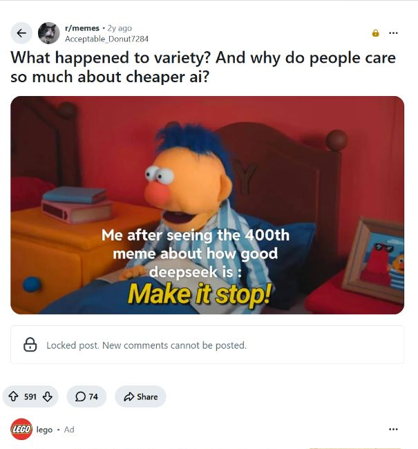 Reddit memes post about the DeepSeek user influx after the selloff