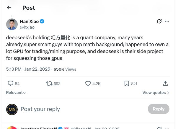 Han Xiao X post describing DeepSeek as a side project by two PhDs