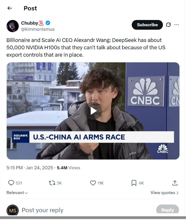Kimmonismus X post alleging DeepSeek access to 50000 H100 chips