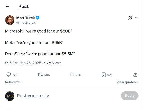 Matt Turck X post comparing Microsoft and Meta annual spending with DeepSeek training cost