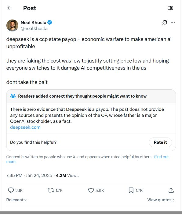 Neal Khosla X post alleging DeepSeek was a state controlled psychological operation with a Community Note