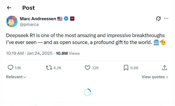 Marc Andreessen X post calling DeepSeek R1 a profound breakthrough