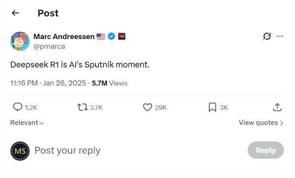 Marc Andreessen X post calling DeepSeek R1 AI's Sputnik moment