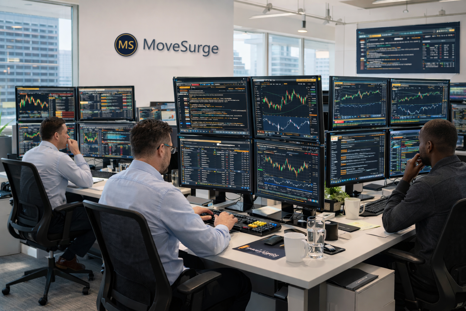 MoveSurge terminal displayed across a multi-screen trading workspace.