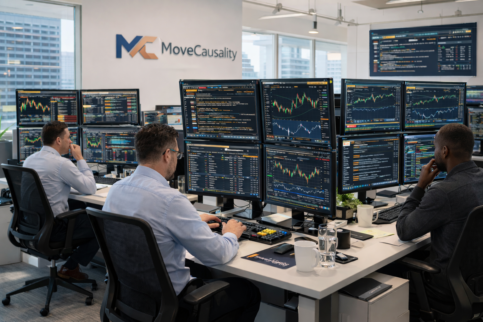 MoveSurge terminal displayed across a multi-screen trading workspace.
